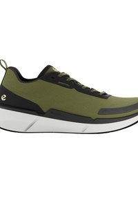 Green athletic shoes with a textured fabric upper, black accents, a cushioned white sole, and minimalistic design details.