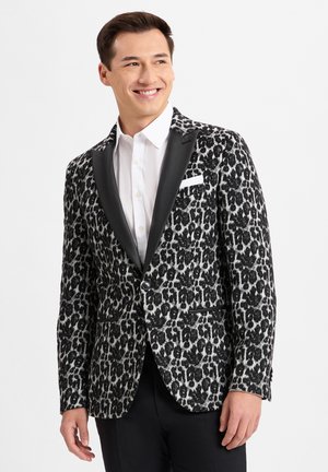 Schwarz-weißer Leopardenprint-Blazer mit satinierter Klappe, Ein-Knopf-Verschluss und einer Brusttasche. Glatte Textur und taillierte Passform.