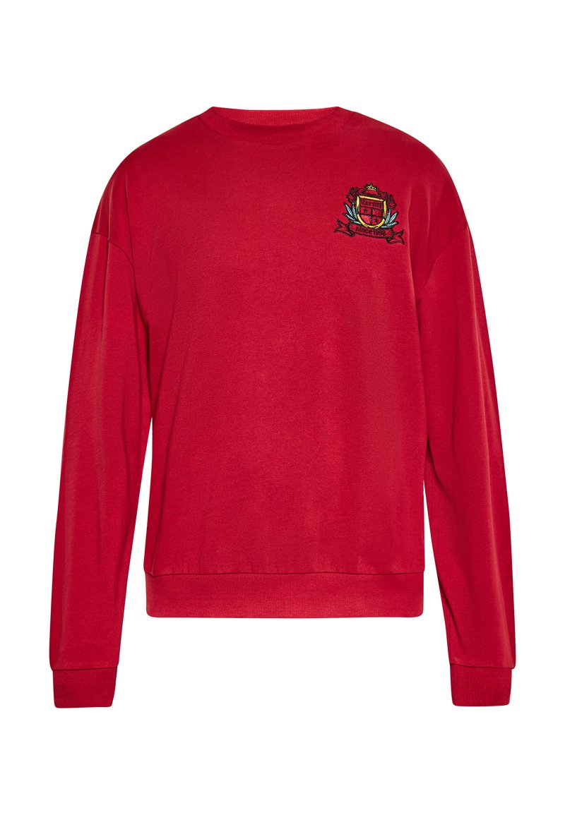 Rode sweatshirt met lange mouwen, geribbelde ronde hals en geborduurd logo-detail op de linkerborst. Zachte stof met een gladde textuur.