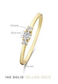 14k solid yellow gold ring featuring three zirconia stones; center stone is Ø 2.0 mm with two smaller stones alongside, total width 1.0 mm.