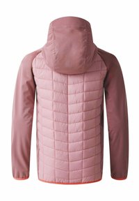 Rosa isolierte Jacke mit einem gesteppten Muster auf dem Rücken und einer Kapuze. Mit kontrastierenden Ärmeln und orangen Akzenten am Saum.