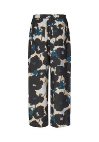 Breddebenede bukser lavet af let stof, med et blomstermønster i sort, teal og krem, med elastisk talje og sidelommer.