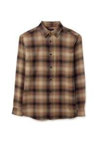 Camicia a maniche lunghe a quadri in tonalità di marroni, beige e nero. Progettata con un colletto classico e chiusura frontale con bottoni, presenta un tessuto morbido e texture.