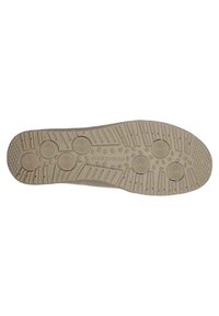 Suela de zapato de goma beige con patrón texturizado, que presenta ranuras circulares y en zigzag para mayor tracción. Bordes lisos y construcción resistente.