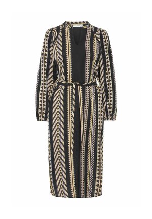 Robe noire à manches longues, décolleté en V, ceinture à la taille et motif géométrique en beige, crème et couleurs pastel. Tissu texturé avec des accents en zigzag.