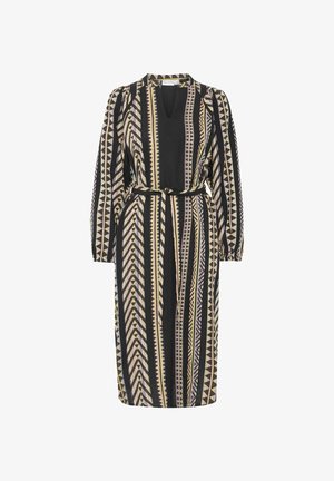 Abito nero con maniche lunghe, scollatura a V, cintura in vita e motivo geometrico in beige, crema e colori pastello. Tessuto testurizzato con dettagli a zigzag.