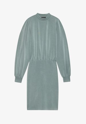 Long-sleeved, crew-neck dress in soft teal fabric. Features gathered details at the waist and cuffed sleeves. Smooth, relaxed fit.