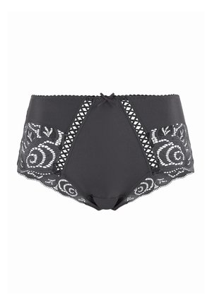 Zwarte damesonderbroek met hoge taille, met kanten bloemenpatronen aan de zijkanten en een geschulpte kanten rand bij de beenopeningen.