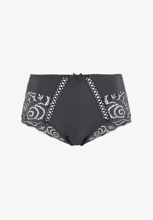 Schwarze Damenunterwäsche mit hohem Bund, seitlichen Spitzenblumenmustern und gezacktem Spitzenbesatz an den Beinöffnungen.