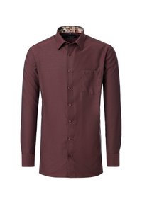 Bordeauxrotes Button-Up-Hemd mit subtiler Textur, langen Ärmeln, einer einzelnen Brusttasche und einem gemusterten Innenkragen.