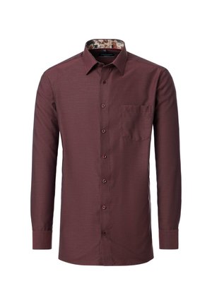 Bordeauxrotes Button-Up-Hemd mit subtiler Textur, langen Ärmeln, einer einzelnen Brusttasche und einem gemusterten Innenkragen.