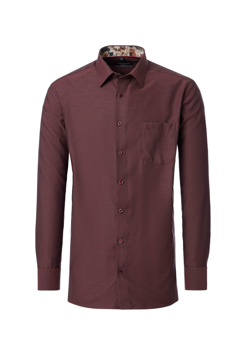Bordeauxrotes Button-Up-Hemd mit subtiler Textur, langen Ärmeln, einer einzelnen Brusttasche und einem gemusterten Innenkragen.