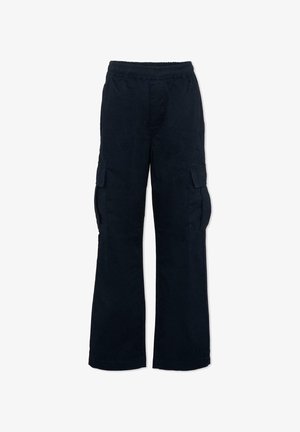 Pantalon cargo noir à jambe large avec taille élastique et poches à rabat sur les deux cuisses, présenté sur fond blanc.