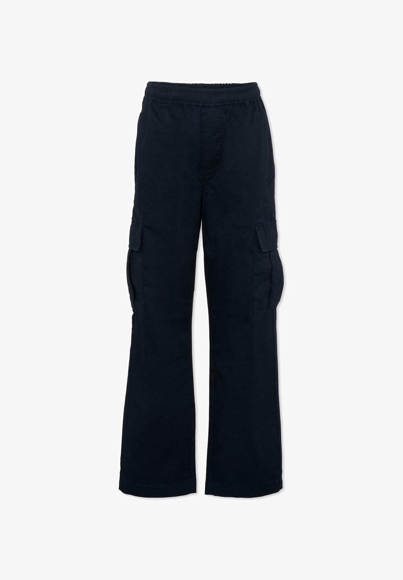 Pantalon cargo noir à jambe large avec taille élastique et poches à rabat sur les deux cuisses, présenté sur fond blanc.