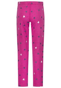 Roze legging van zacht materiaal, met een patroon van kleine harten in wit, grijs en marineblauw, met een elastische tailleband.