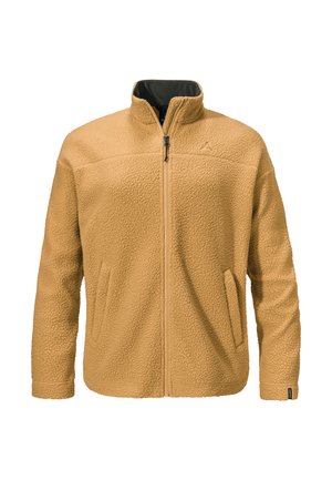 Fleecejacke in Hellbraun, mit hohem Kragen, Frontreißverschluss und zwei seitlichen Taschen mit strukturiertem, flauschigem Finish.