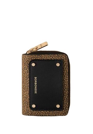 Petit porte-monnaie zippé avec surface marron texturée et patch en cuir noir portant l'inscription "BORBONESE" en lettres dorées.