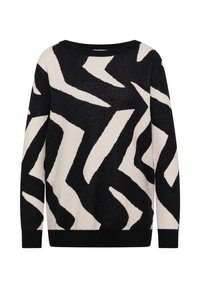 Musta ja kermanvärinen siksak-kuvioitu neulepusero, jossa on pyöreä pääntie ja ribbineulotut hihansuut. Valmistettu pehmeästä neuloskankaasta ja siinä on rento istuvuus.