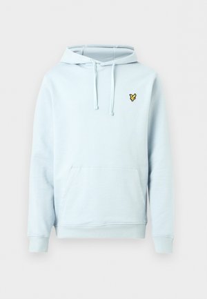 Sudadera con capucha de color azul claro, con bolsillo frontal, cordones ajustables, puños acanalados y pequeño logo de pájaro amarillo en el lado izquierdo del pecho.