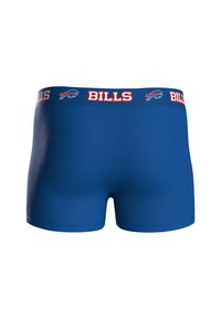 Blue boxer shorts featuring a wide waistband with "BILLS" text and team logo, made from smooth fabric with a fitted design.