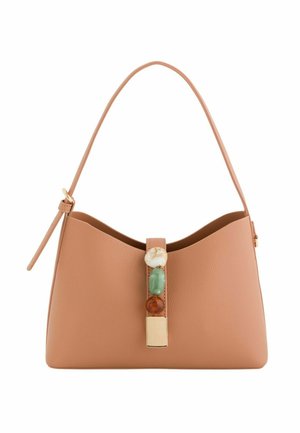 Hellbraune Ledertasche mit einem einzelnen Schulterriemen, verziert mit drei dekorativen Steinen und einer rechteckigen goldenen Schnalle auf der Vorderseite.