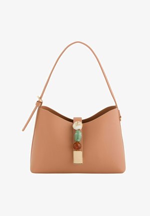 Tan leather shoulder bag with a single strap, featuring three decorative stones and a gold rectangular clasp on the front.