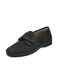 Zapato negro sin cordones con una tira de velcro, hecho de un material suave similar a la gamuza. Cuenta con una plantilla acolchada y una suela baja de goma para mayor comodidad.