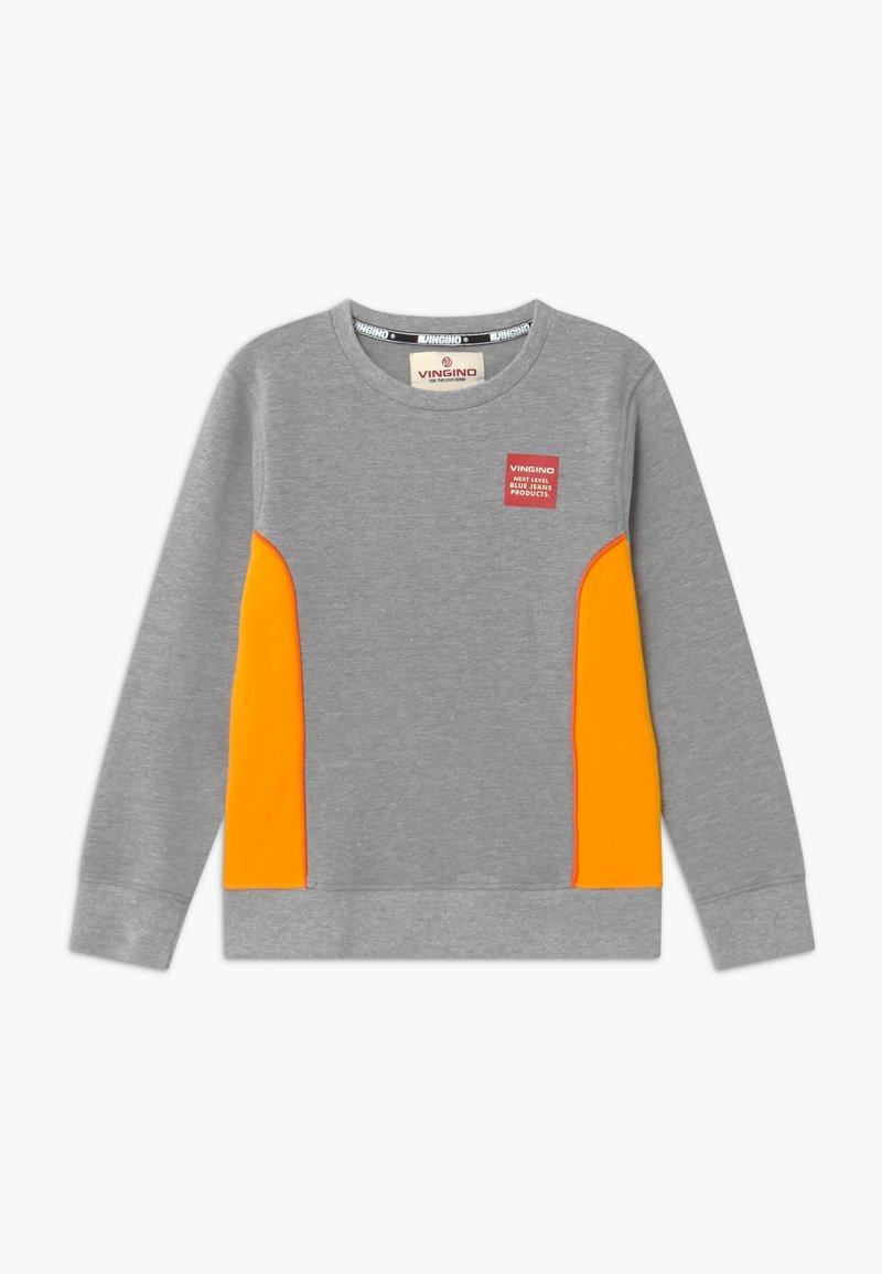 Sweat-shirt gris à manches longues avec des panneaux latéraux orange vif et un petit logo carré rouge sur la poitrine gauche portant l'inscription "VINGINO".
