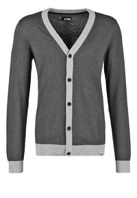 Graue Strickjacke mit V-Ausschnitt, grauen gerippten Bündchen und Saum sowie sechs schwarzen Knöpfen auf der Vorderseite. Weicher Strickstoff mit glatter Textur.