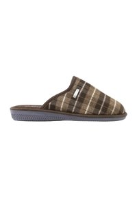 Pantofole a quadri marroni con una morbida tomaia in tessuto e suola in gomma. Presentano un bordo rialzato e una soletta piatta per il massimo comfort.