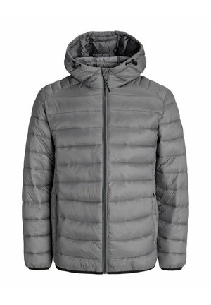 Szara kurtka puchowa z kapturem, wyróżniająca się pikowanym wzorem, zamkiem z przodu i bocznymi kieszeniami. Elastyczne mankiety poprawiają dopasowanie i ciepło.