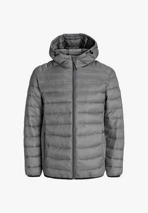 Szara kurtka puchowa z kapturem, wyróżniająca się pikowanym wzorem, zamkiem z przodu i bocznymi kieszeniami. Elastyczne mankiety poprawiają dopasowanie i ciepło.