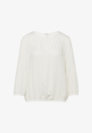 Blouse blanche à manches longues avec encolure ronde, légers plis au col et poignets et ourlet élastiqués, design uni.