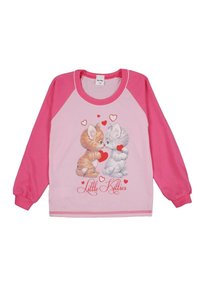 Koszula z długim rękawem w kolorze jasnoróżowym, z ciemnoróżowymi rękawami. Grafika przedstawiająca dwa kociątka z sercami i napisem "Małe Kociaki".