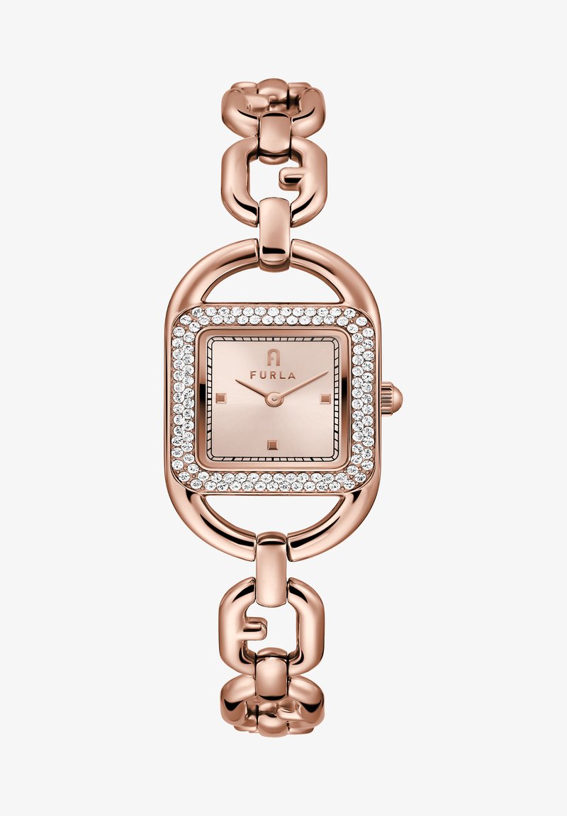 Roosakuldsest kellast, millel on ruudukujuline nägu, mida ümbritsevad selged kristallid. Rihm koosneb omavahel seotud linkidest ja on poleeritud viimistlusega.