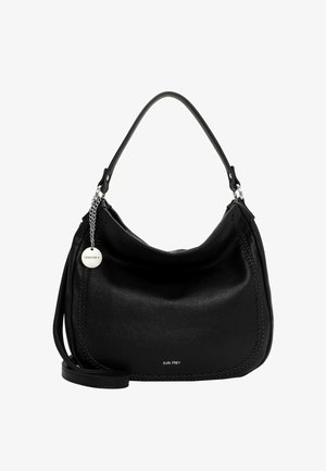 Borsa a tracolla nera in pelle con forma curva, caratterizzata da un dettaglio cucito sul lato, un accento in hardware argentato e una tracolla rimovibile.