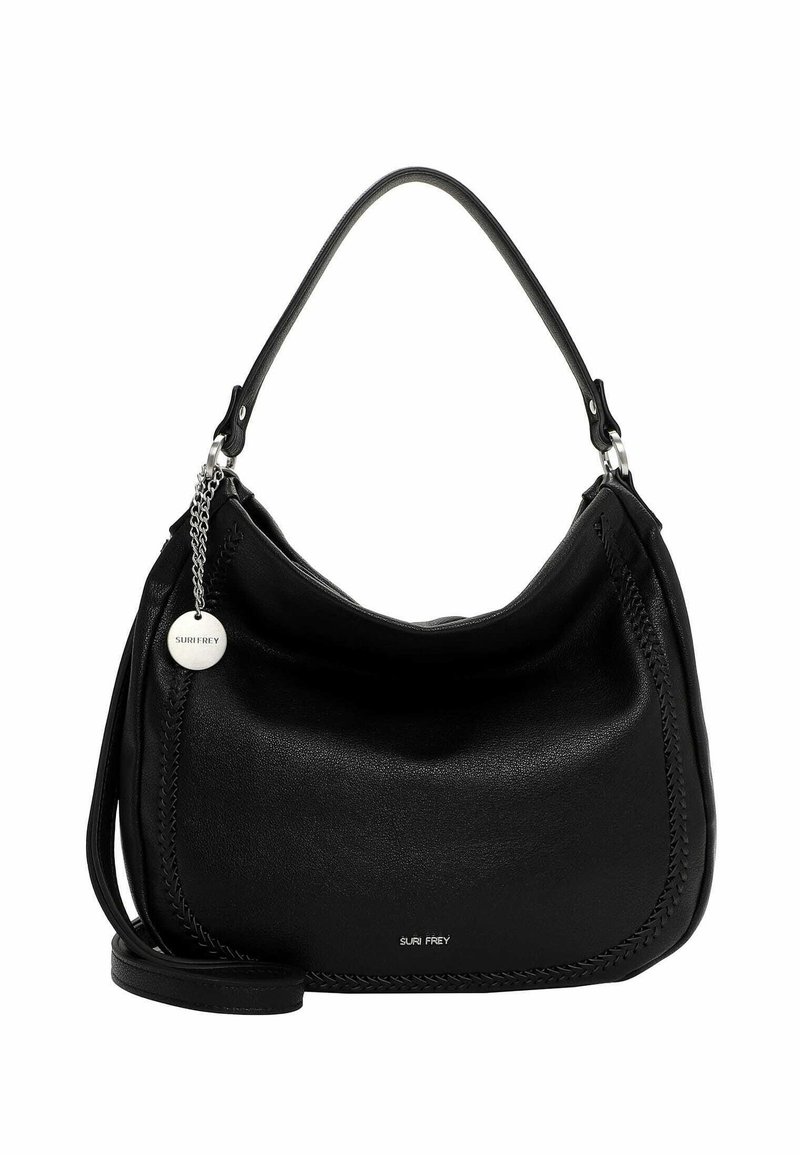 Czarna skórzana torebka o zaokrąglonym kształcie, z przeszyciem po boku, srebrnym akcentem z metalowymi elementami oraz odczepianym paskiem na ramię.