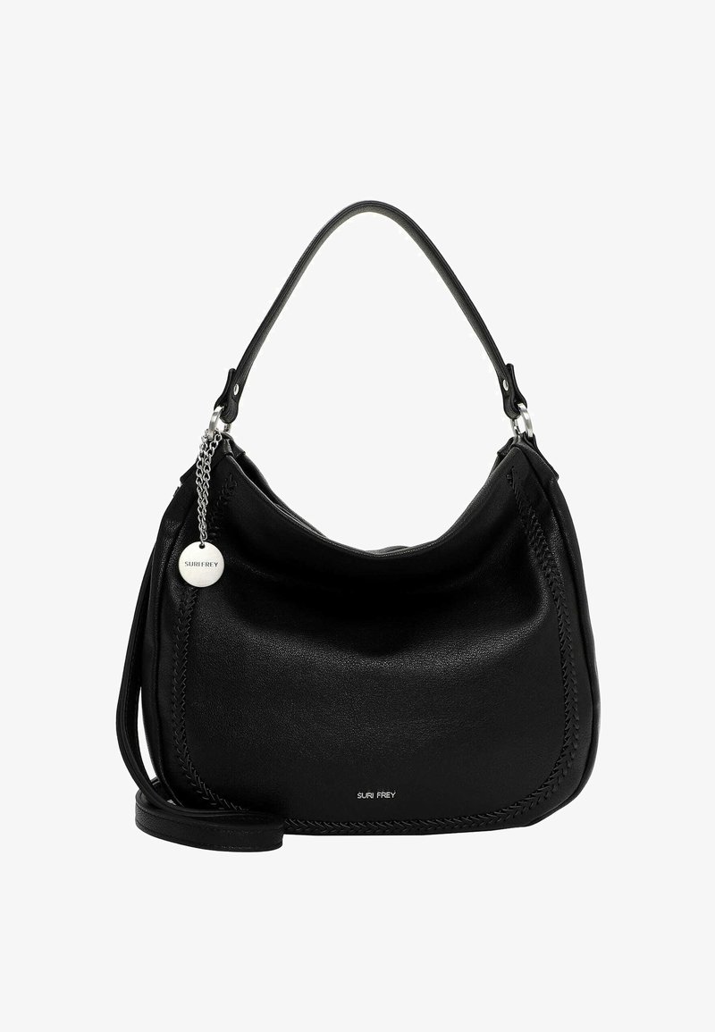 Czarna skórzana torebka o zaokrąglonym kształcie, z przeszyciem po boku, srebrnym akcentem z metalowymi elementami oraz odczepianym paskiem na ramię.