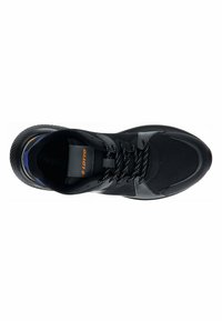 Black athletic shoe with a textured upper, padded collar, and lace-up design. Features a rubber sole and contrasting orange branding.