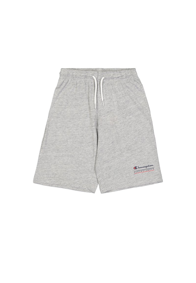 Pantaloni corti grigi in cotone con vita elasticizzata e cordino, caratterizzati da un piccolo logo "Champion Athleticwear" rosso e blu sul lato.