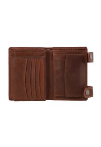 Rudas odinis piniginė su lygiu paviršiumi, turinti kelias kortelių kišenes, didelį skyrių ir šoną užsidarančią lipduko sagtį.