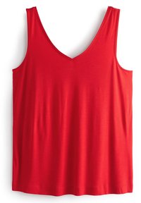 Rød ærmeløs tanktop med V-udskæring og løs pasform, fremvist på en hvid baggrund.