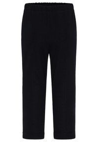 Zwarte ribbroek met een elastische tailleband, voorzien van een recht model en verkorte lengte, gemaakt van een zachte textuurstof.