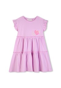 Φόρεμα από βαμβάκι σε ανοιχτό ροζ με φουσκωτά μανίκια, πολυεπίπεδη φούστα και γκλίτερ σχεδιασμό σε σχήμα καρδιάς στο στήθος. Στρογγυλή λαιμόκοψη.