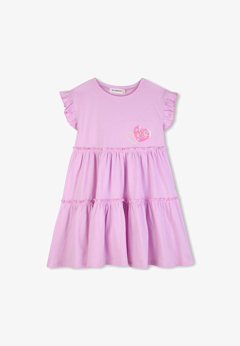 Φόρεμα από βαμβάκι σε ανοιχτό ροζ με φουσκωτά μανίκια, πολυεπίπεδη φούστα και γκλίτερ σχεδιασμό σε σχήμα καρδιάς στο στήθος. Στρογγυλή λαιμόκοψη.