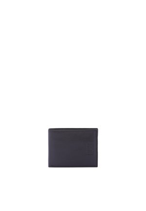 Portafoglio bifold in pelle nera con logo in rilievo discreto sul davanti, mostrato su sfondo bianco.