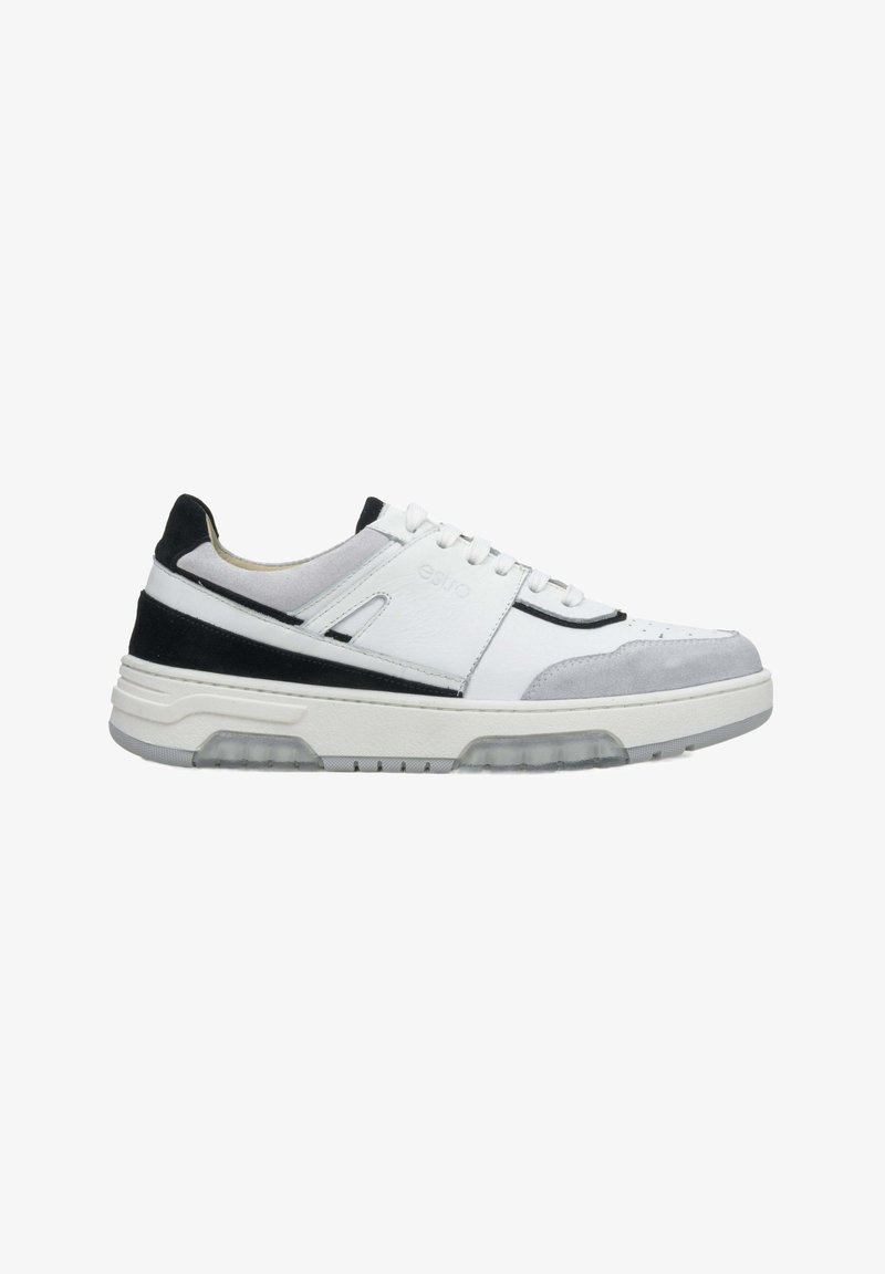 White sneaker with gray and black accents, featuring leather and suede materials, a round toe, lace-up closure, and a cushioned sole.