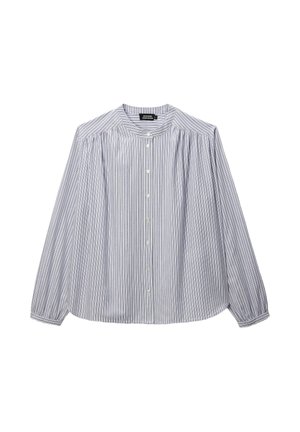 Chemise à manches longues en rayures verticales bleu clair et blanche. Dotée d'un col rond, d'une fermeture à boutons sur le devant et de détails froncés aux épaules.
