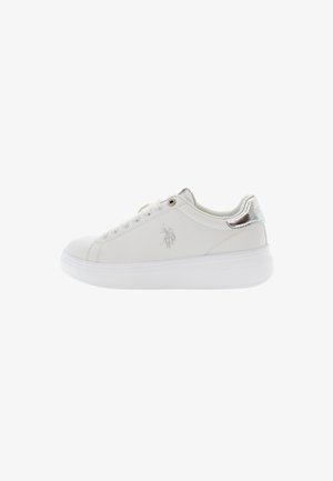 White leather sneaker with white rubber sole, featuring silver accent on the heel, flat laces, and subtle logo detail on the side.