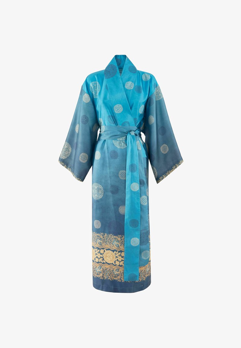 Kimono-style robe in blue fabric featuring large circular patterns in lighter shades. Notable gold floral accents at the hem. Long sleeves and belt.